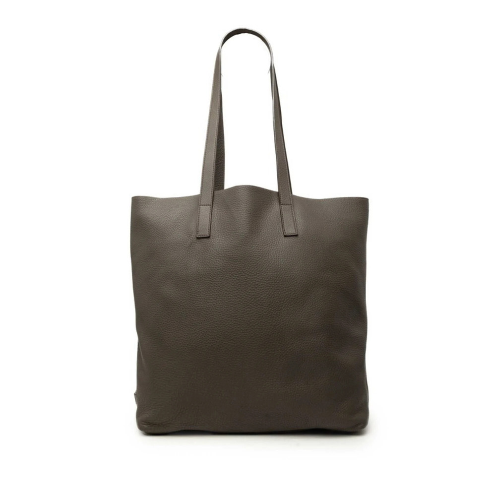 Prada Triangle Logo Plate Big Tote Bag Shoulder Charcoal Gray Leather Women's...